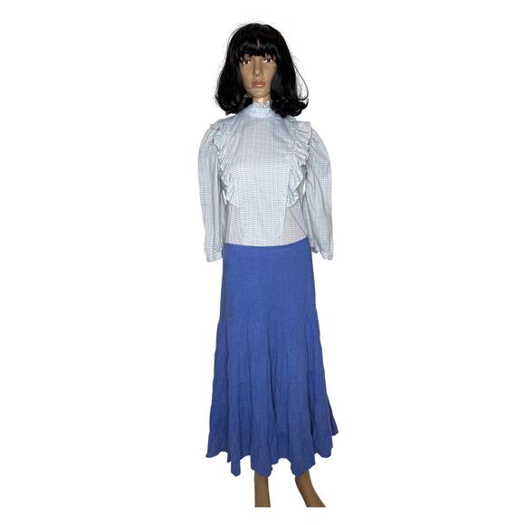 American Vintage Blue Linen Blend Tiered Maxi Skirt pull waist tie medium - Picture 2 of 11